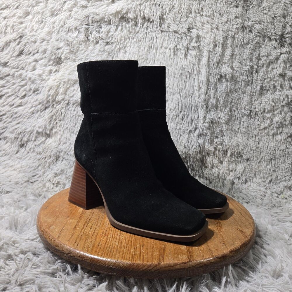 Crown Vintage Taren Black Boots Womens 9M Black Suede Zipper Heel Square Toe